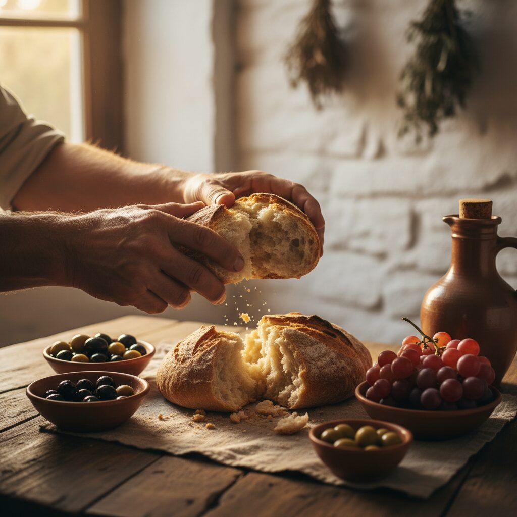 A rustic wooden table set with bread, olive oil, figs and pomegranates in warm afternoon light