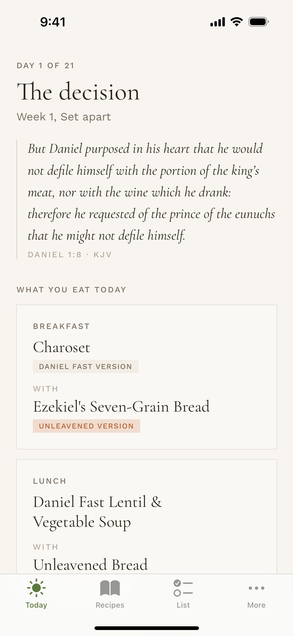 The day card with breakfast, lunch and dinner and the scripture for that day