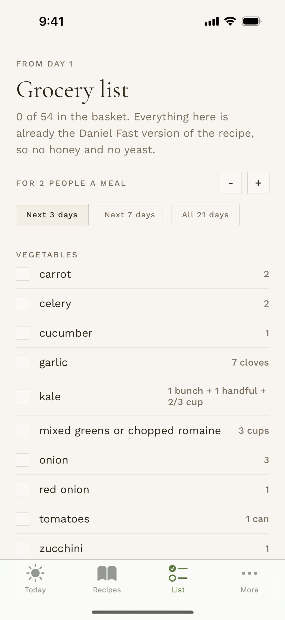 The grocery list in the app adding ingredients together across the next three days