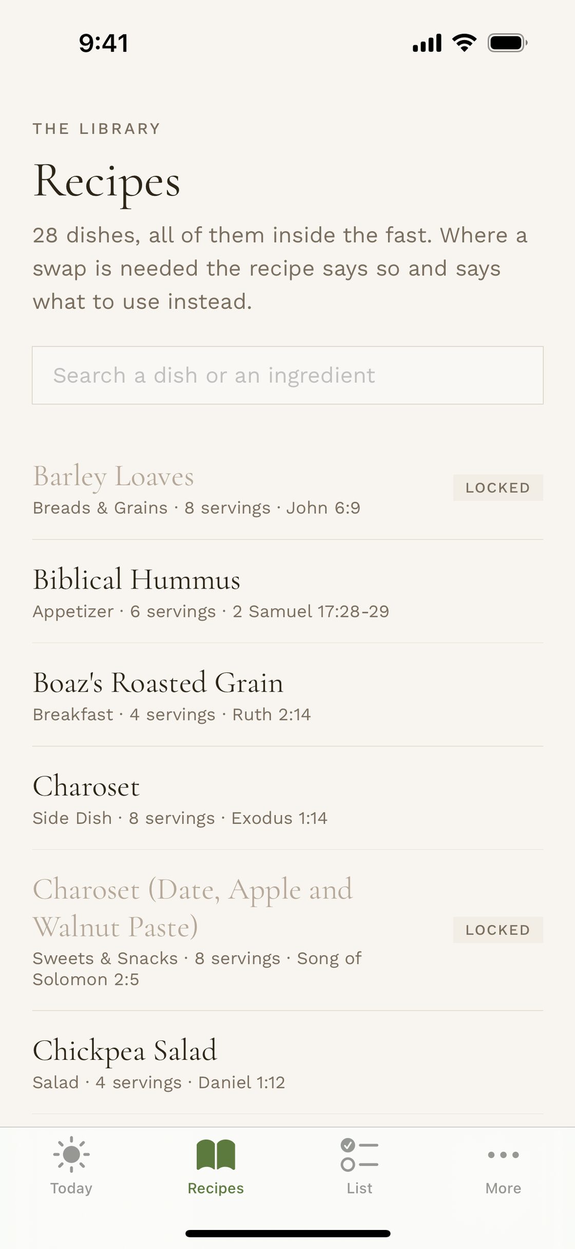 The recipe list in the app, every dish written as the Daniel Fast version