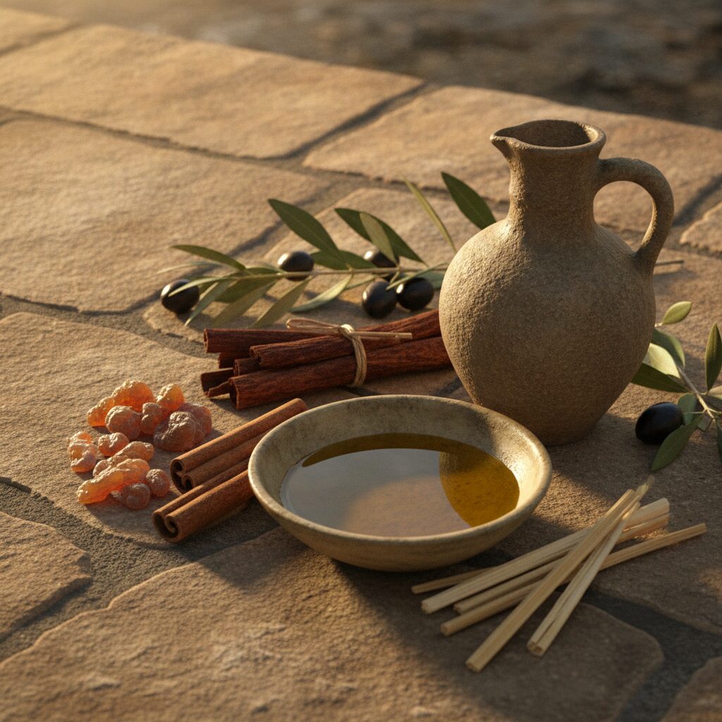 An earthenware jug and shallow bowl of golden olive oil surrounded by myrrh resin, cinnamon and cassia bark and fragrant calamus reeds on a stone table