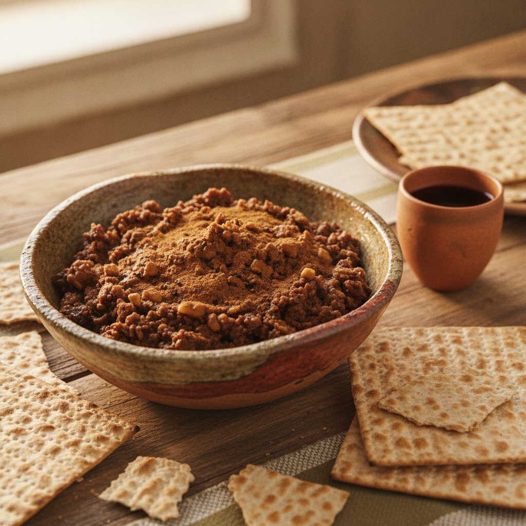 A rustic bowl of charoset, a chunky paste of chopped apples, walnuts and dates dusted with cinnamon, with matzo and a cup of wine