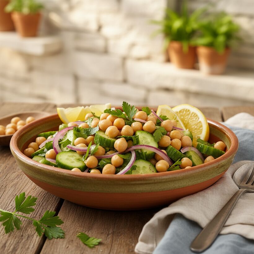 A fresh chickpea salad with cucumber, red onion and herbs in a ceramic bowl