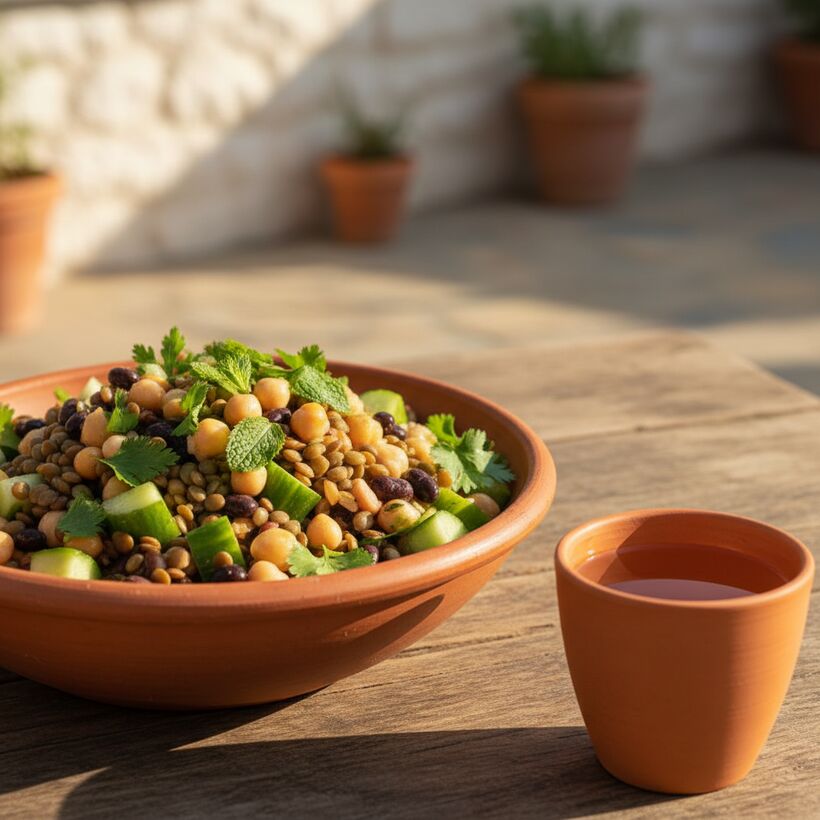 A fresh salad of green lentils, chickpeas, cucumber and herbs in a clay bowl