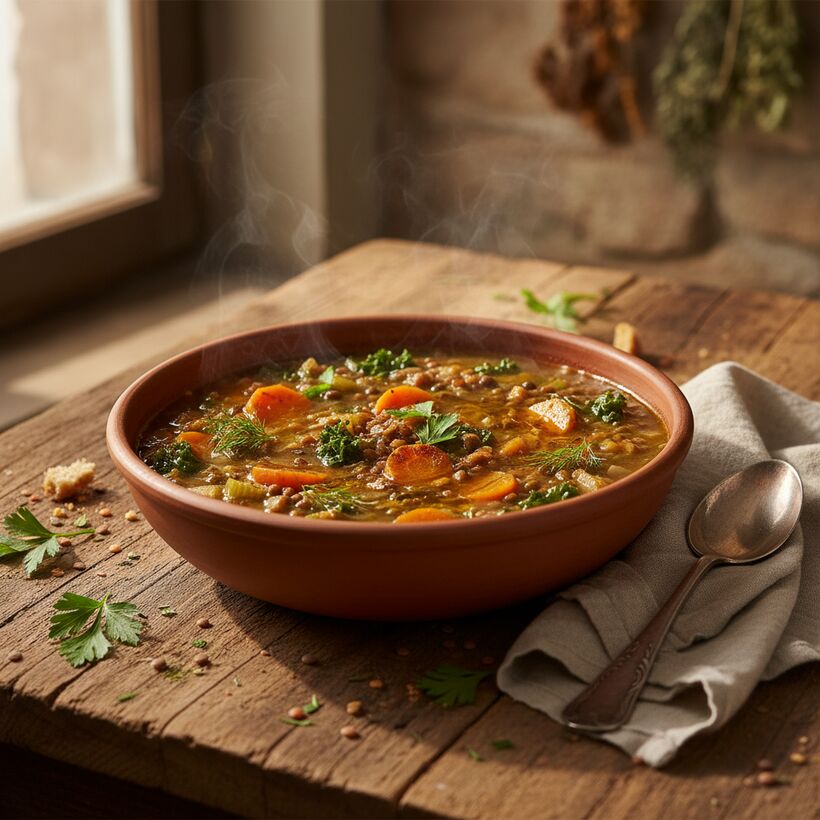 A hearty bowl of lentil and vegetable soup with herbs