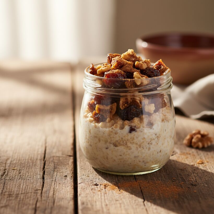 A jar of overnight oats topped with dates, figs and walnuts