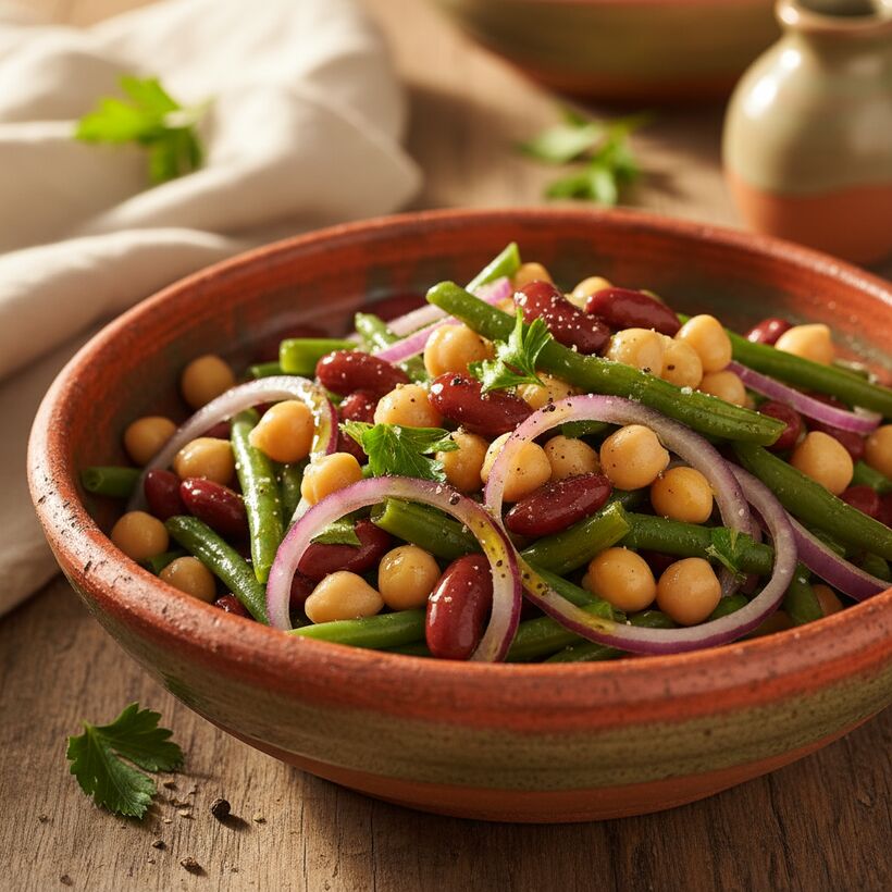 A fresh three-bean salad with red onion and parsley