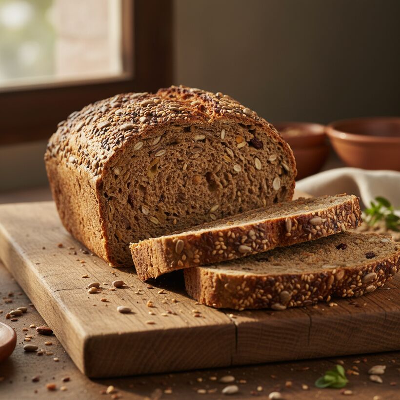 A dense, dark loaf of seven-grain Ezekiel bread sliced open on a linen cloth