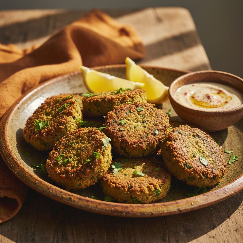 Golden baked falafel patties with fresh herbs, lemon and a bowl of tahini
