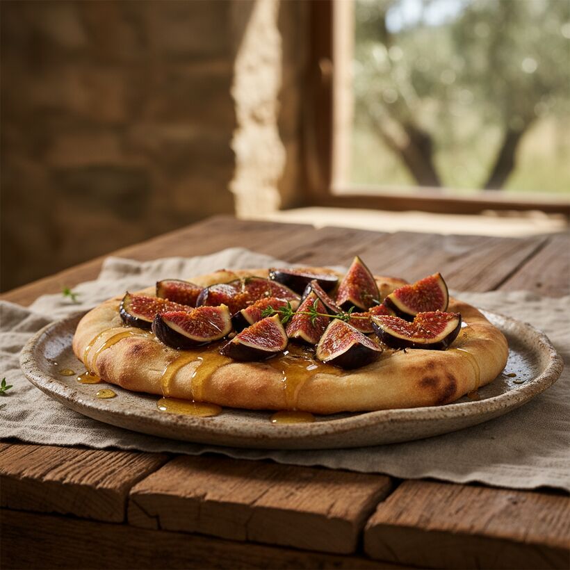Warm flatbread topped with sliced fresh figs and a glistening drizzle of golden honey