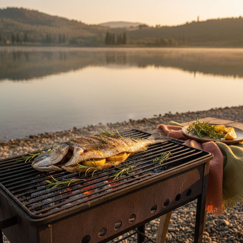 Whole fish grilling over glowing charcoal beside flatbread on a lakeside fire