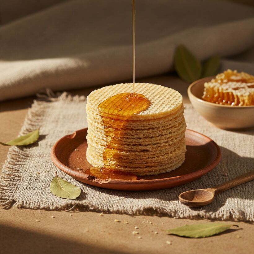 Thin, pale honey wafers stacked on a plate, lightly speckled and glazed