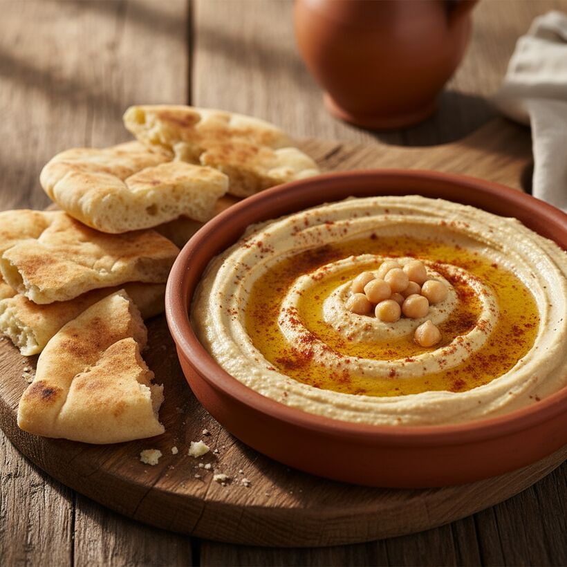 A bowl of creamy hummus swirled with olive oil and dusted with paprika, with pita alongside