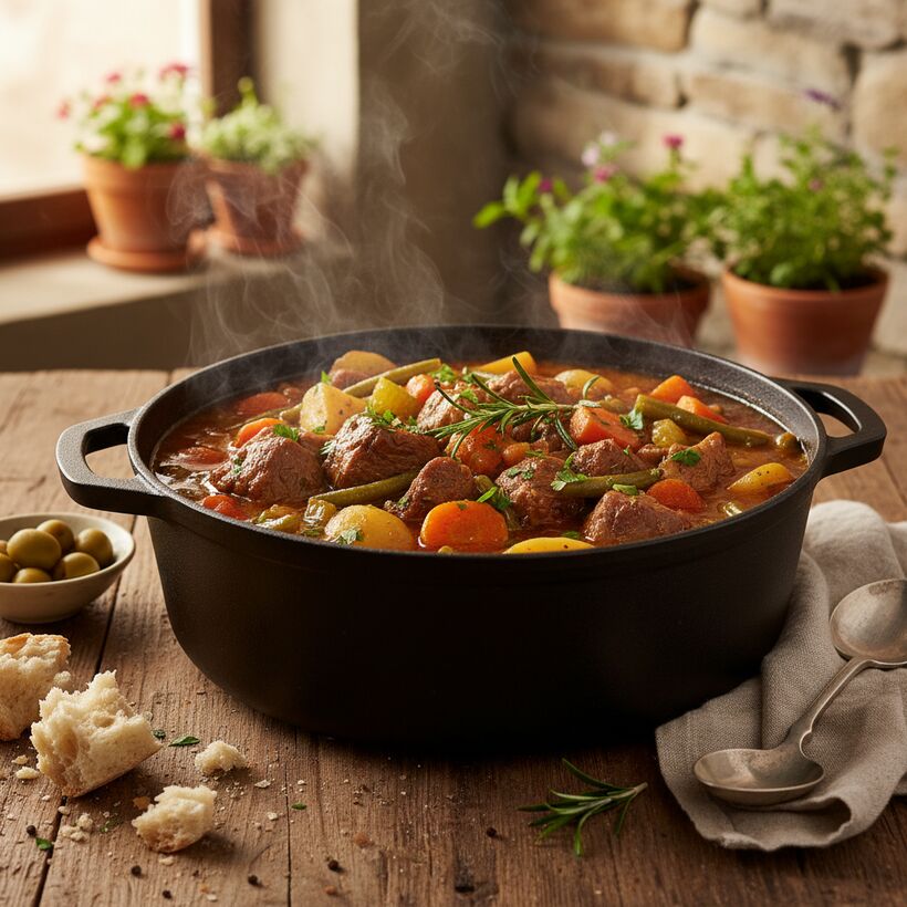 A rustic pot of slow-cooked lamb stew with tender meat, onions, and fragrant herbs