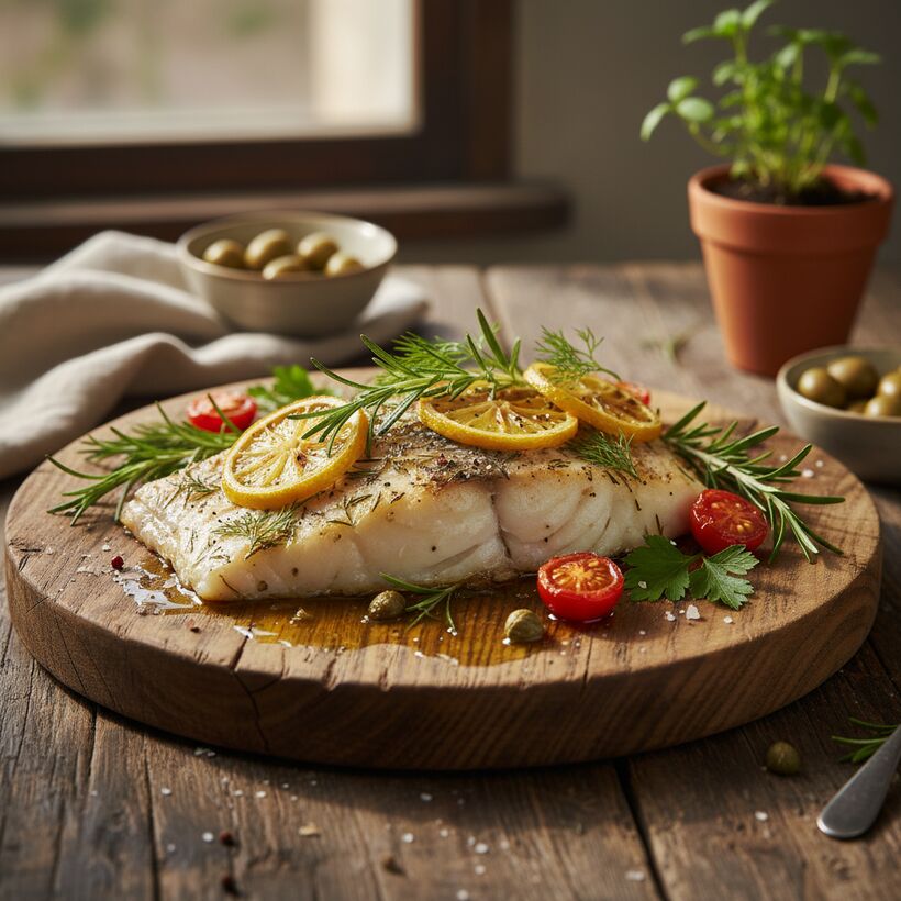A baked white fish fillet with lemon, herbs and olive oil