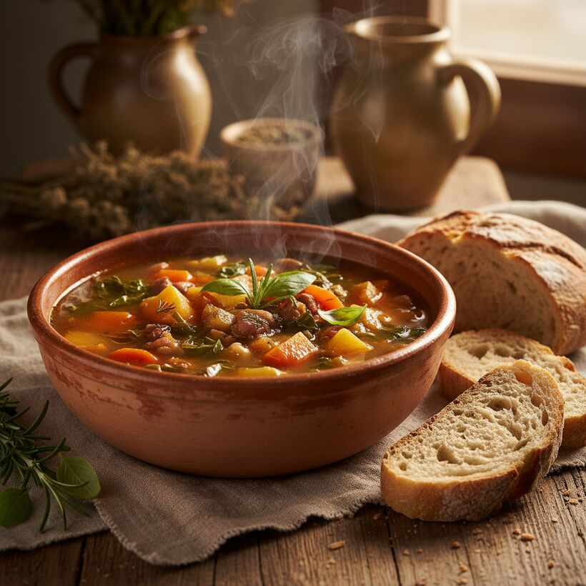 A hearty meatless vegetable soup with beans and greens in a rustic bowl