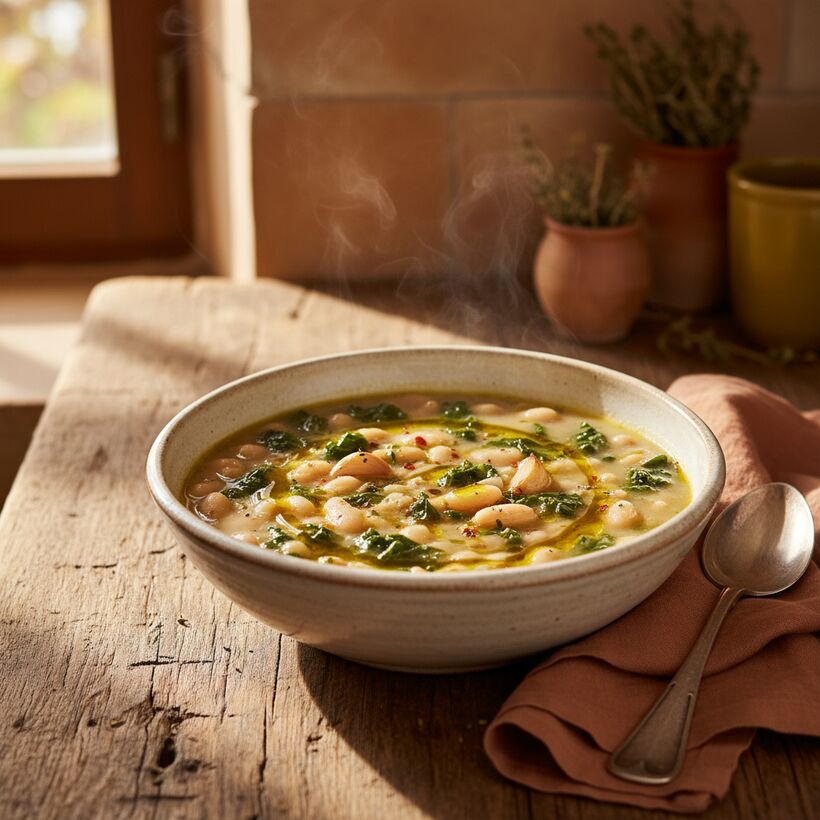 A creamy white bean and kale soup drizzled with olive oil