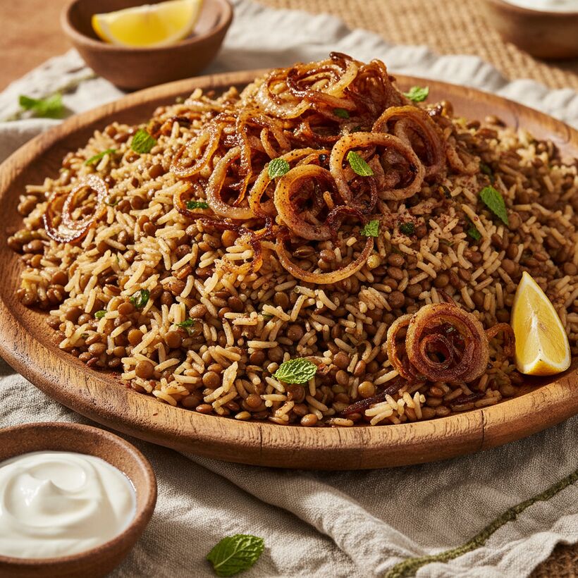A platter of mujadara, lentils and rice topped with golden caramelized onions
