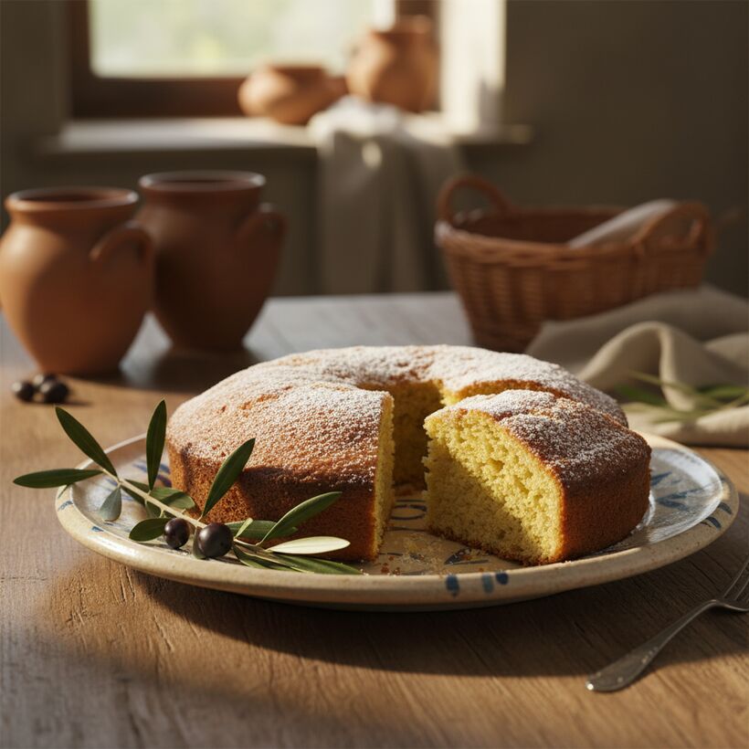 A golden olive oil cake dusted with sugar, one slice cut to reveal a tender crumb