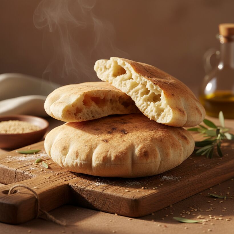 Freshly baked pita bread, one puffed and torn open, stacked on a wooden board