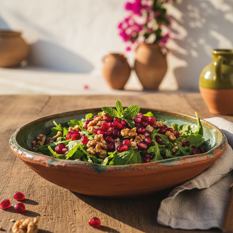 A bright salad scattered with ruby pomegranate seeds, fresh herbs, and crumbled cheese