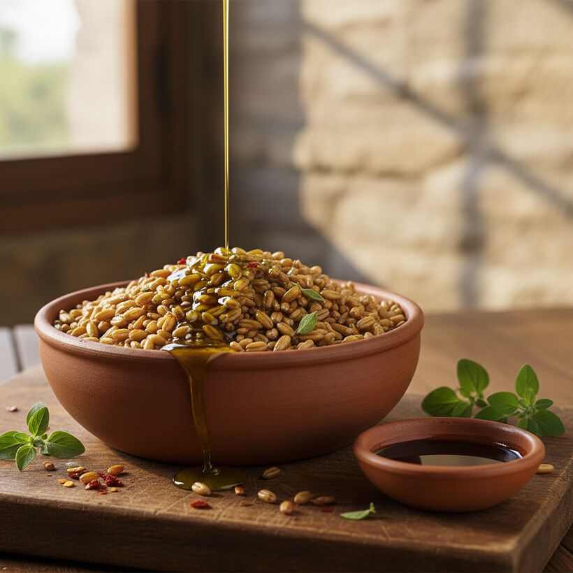 A bowl of toasted whole grain kernels beside fresh bread and a cup of vinegar