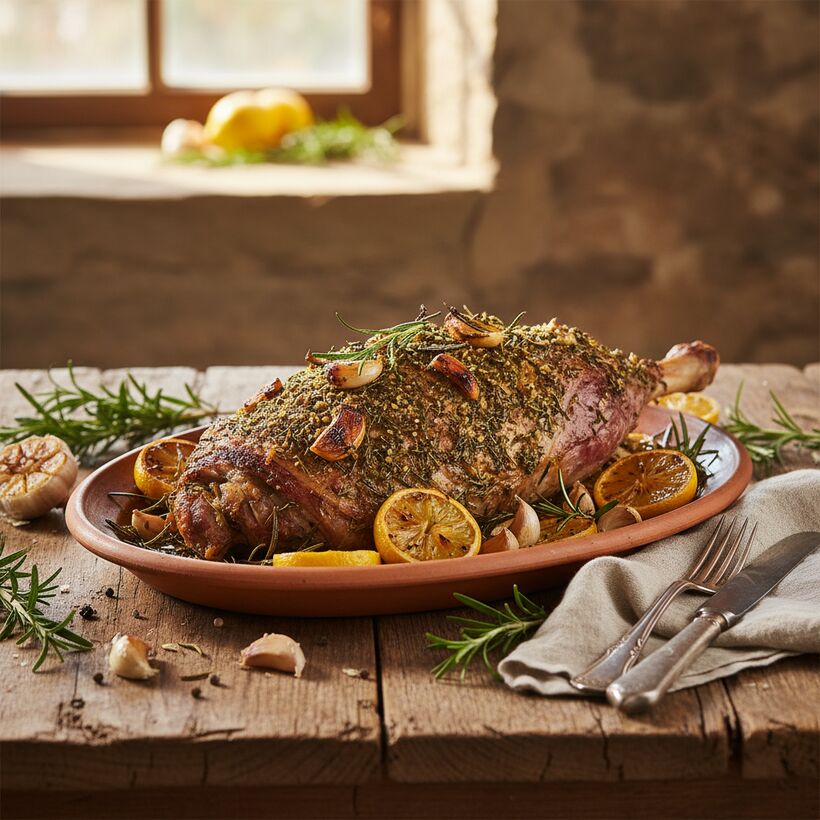 A herb-roasted leg of lamb on a platter with rosemary, garlic and lemon