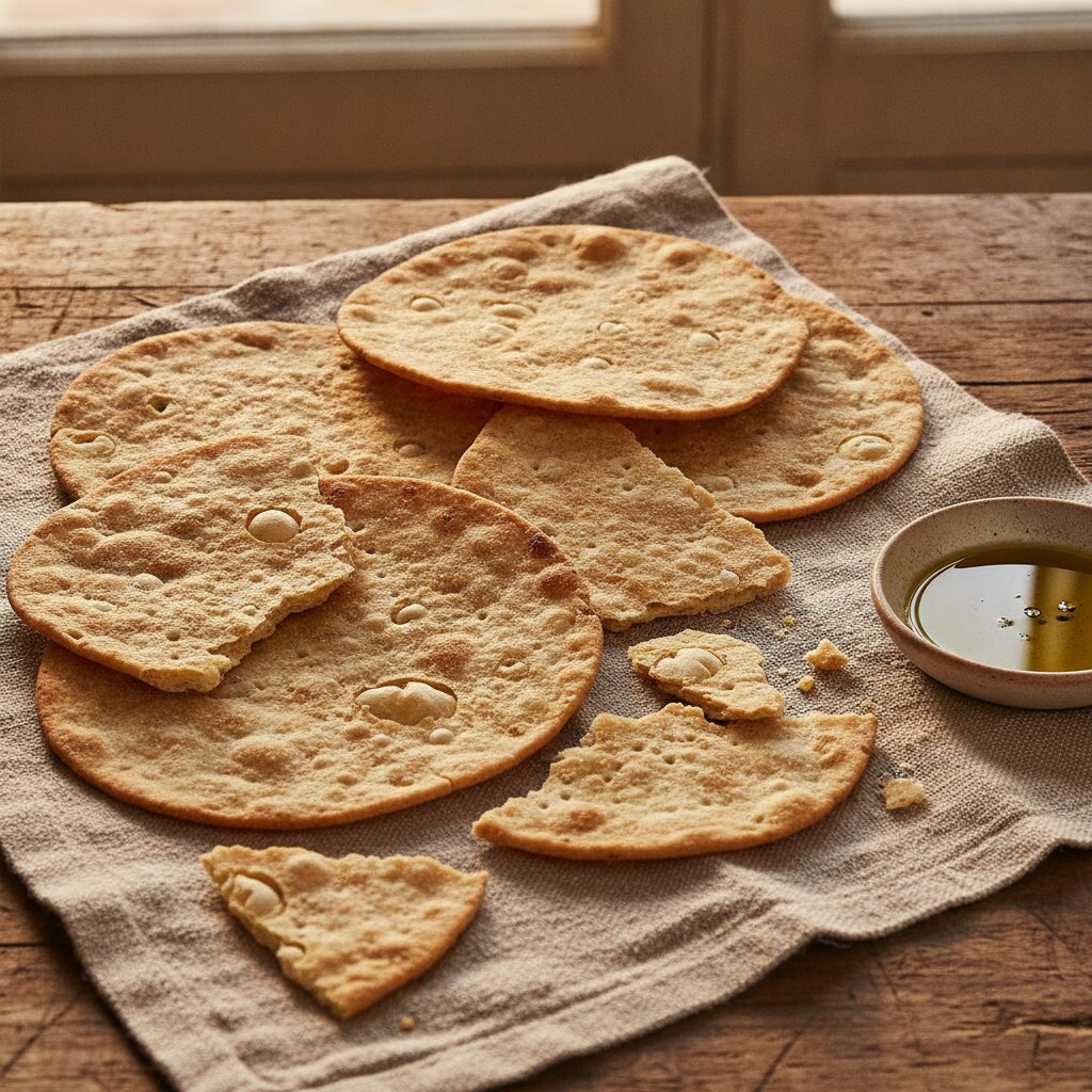 Thin unleavened flatbread stacked on a linen cloth