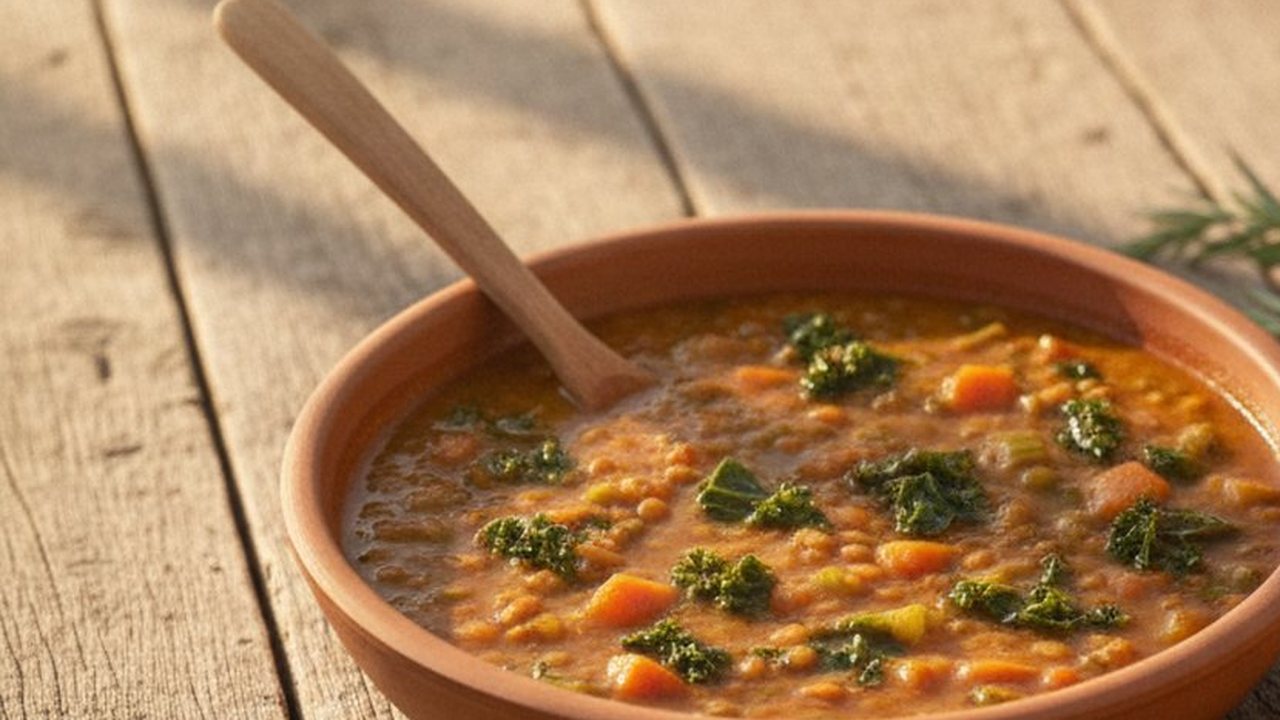 A terracotta bowl of lentil and vegetable soup with kale and carrot on a wooden table