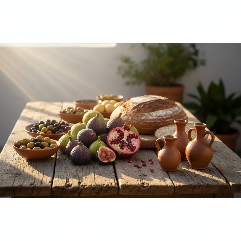 A rustic table of figs, olives, pomegranate, bread and olive oil