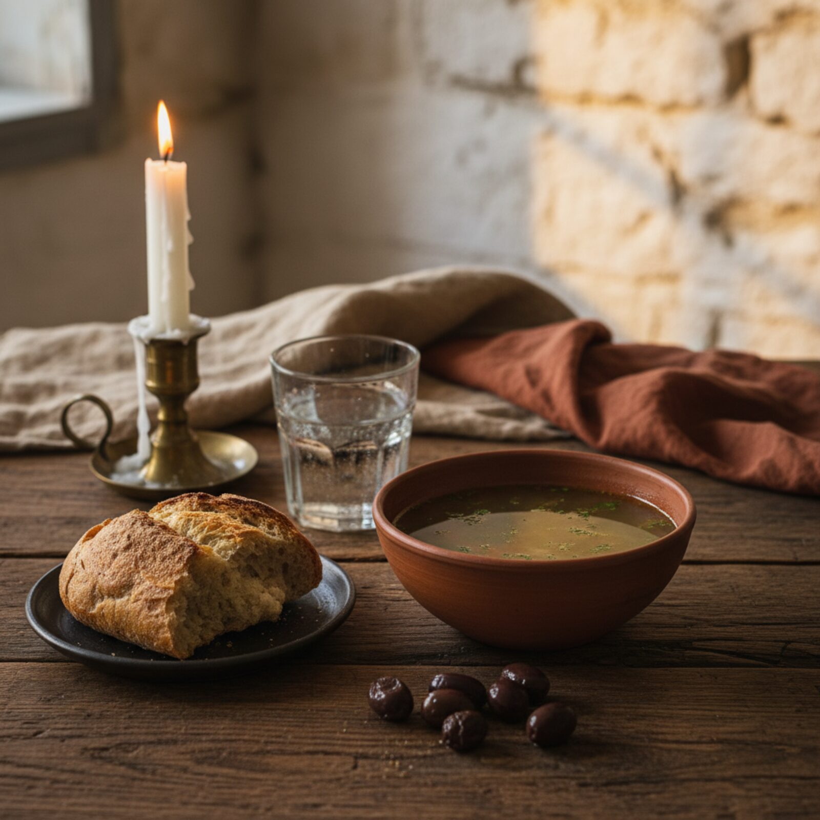 A simple Lenten meal of soup, bread and water by candlelight on a dark wooden table