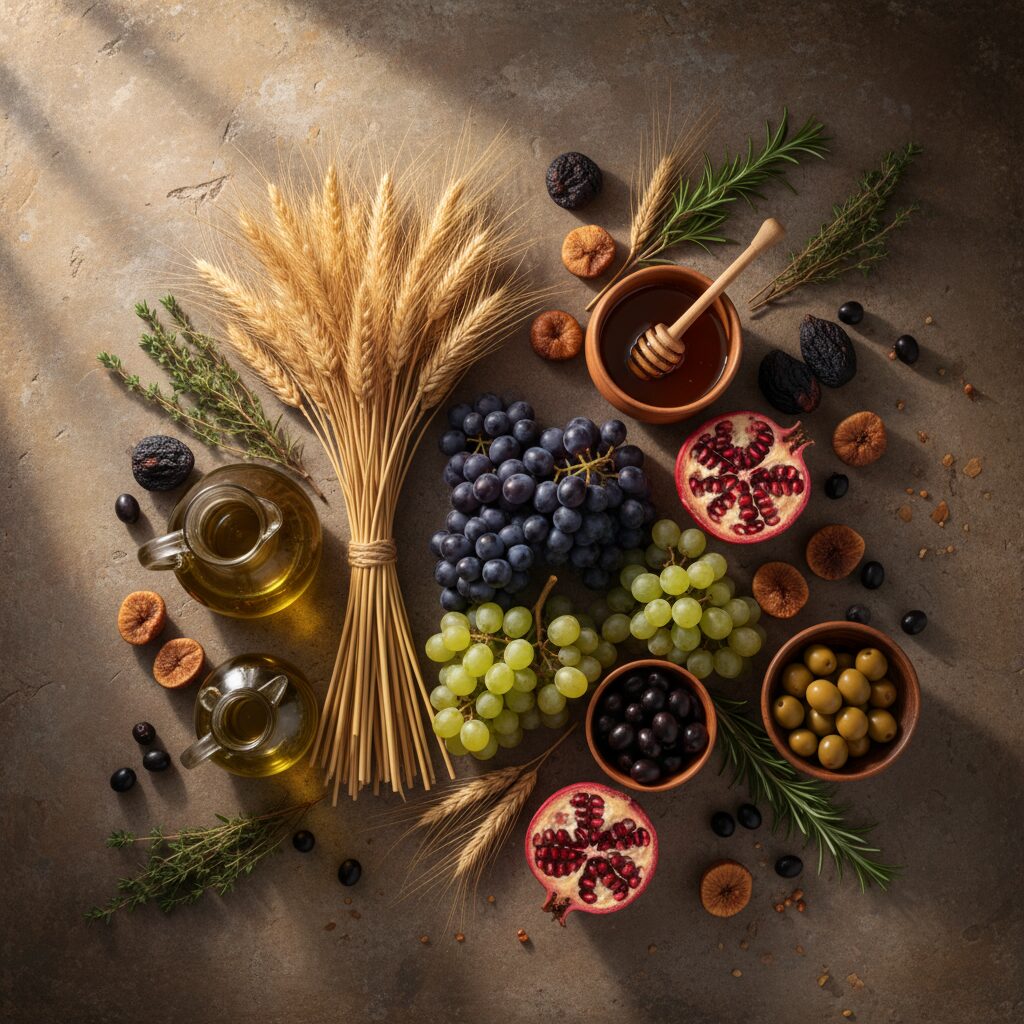 An overhead spread of fruits, vegetables, grains and legumes for the Daniel Fast