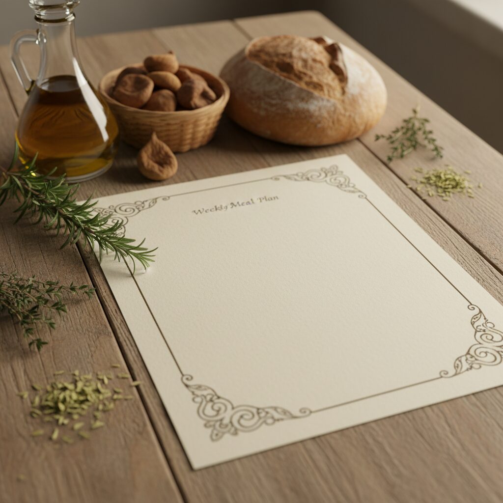 A printed weekly biblical meal plan beside Mediterranean foods