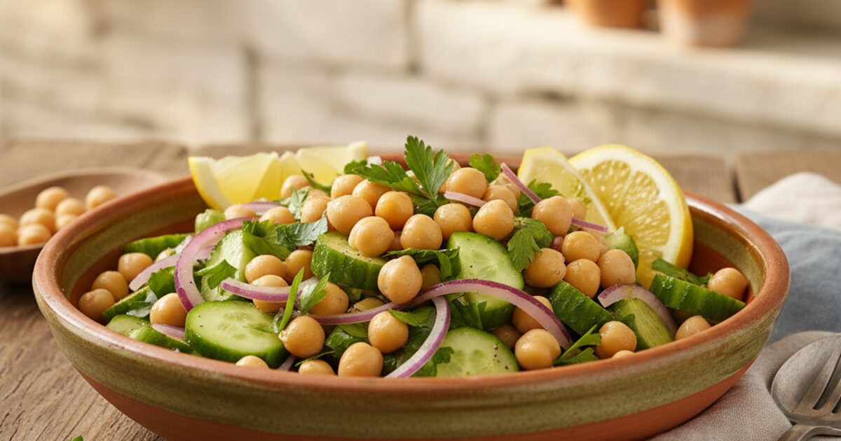 A fresh chickpea salad with cucumber, red onion, parsley and lemon in a ceramic bowl