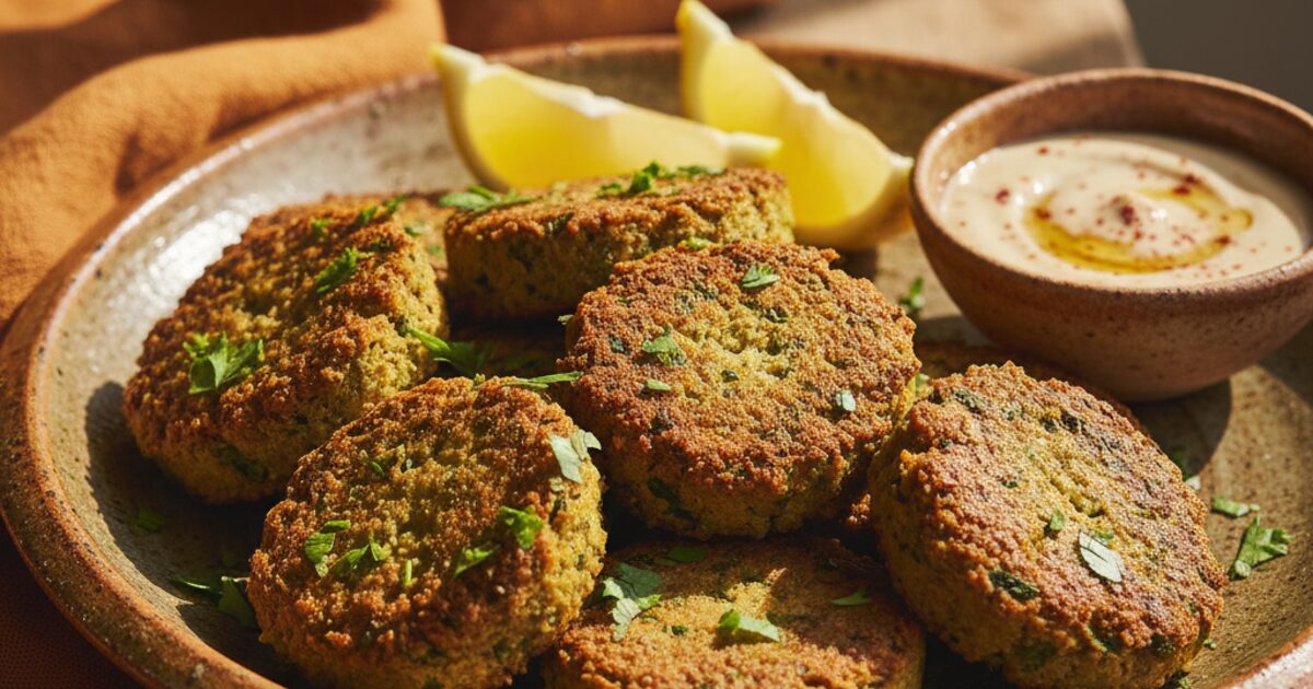 Golden baked falafel patties with herbs on a rustic plate with lemon wedges and a bowl of tahini