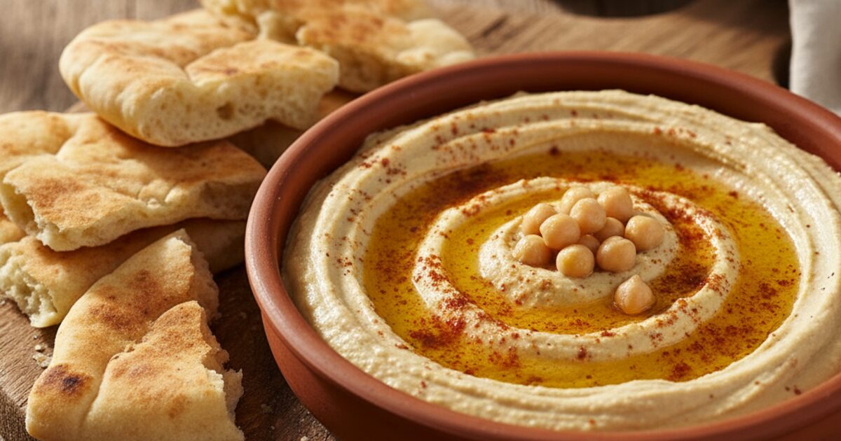 A bowl of creamy hummus swirled with olive oil and sprinkled with paprika and chickpeas, with pita bread alongside