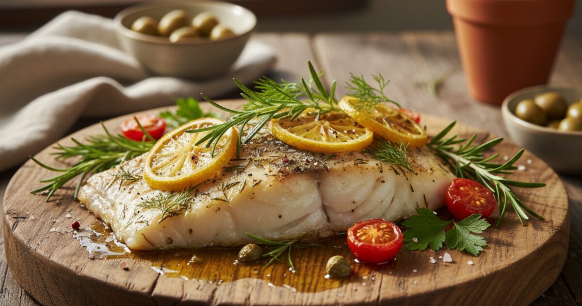 A baked white fish fillet with lemon slices, herbs and olive oil on a rustic platter