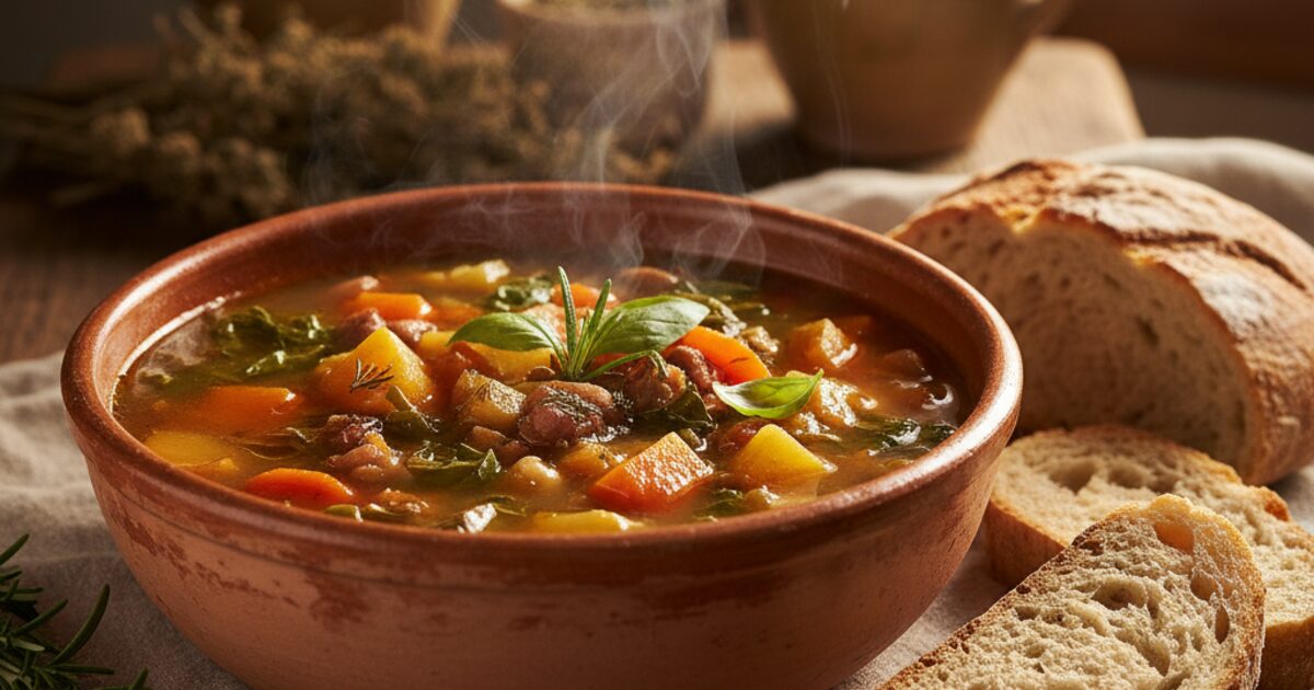 A hearty meatless vegetable soup with beans and greens in a rustic bowl with bread alongside