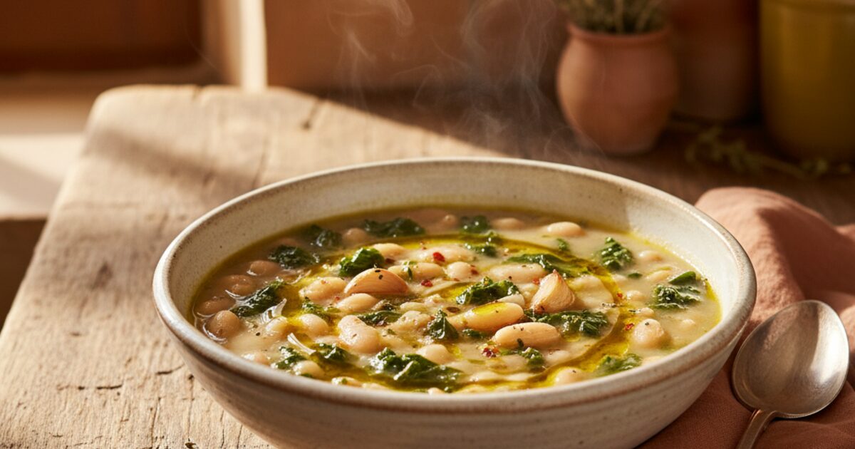 A creamy white bean and kale soup drizzled with olive oil in a ceramic bowl