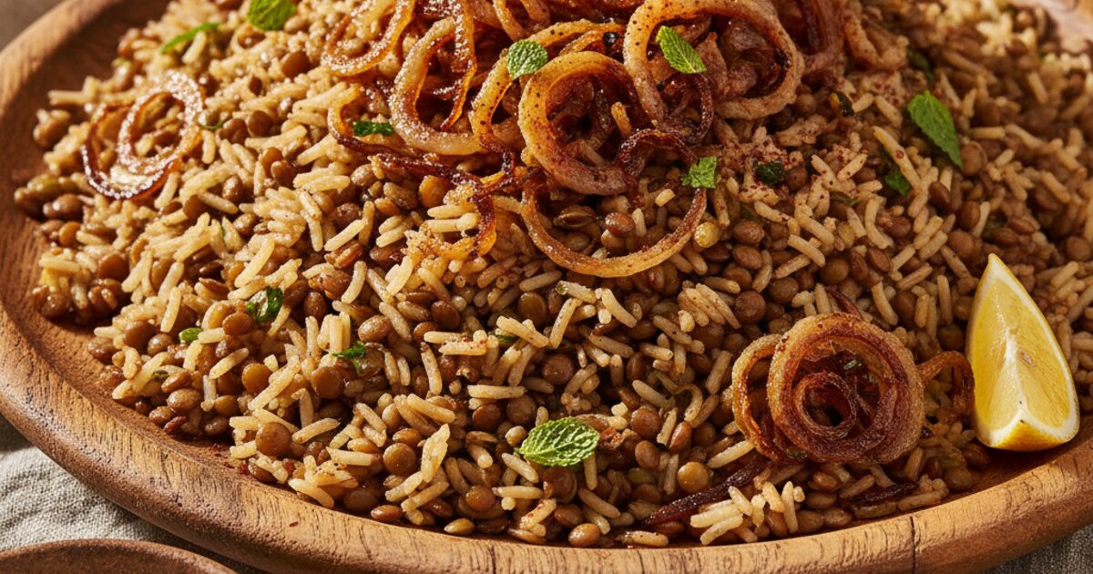 A platter of mujadara, lentils and rice topped with golden caramelized onions
