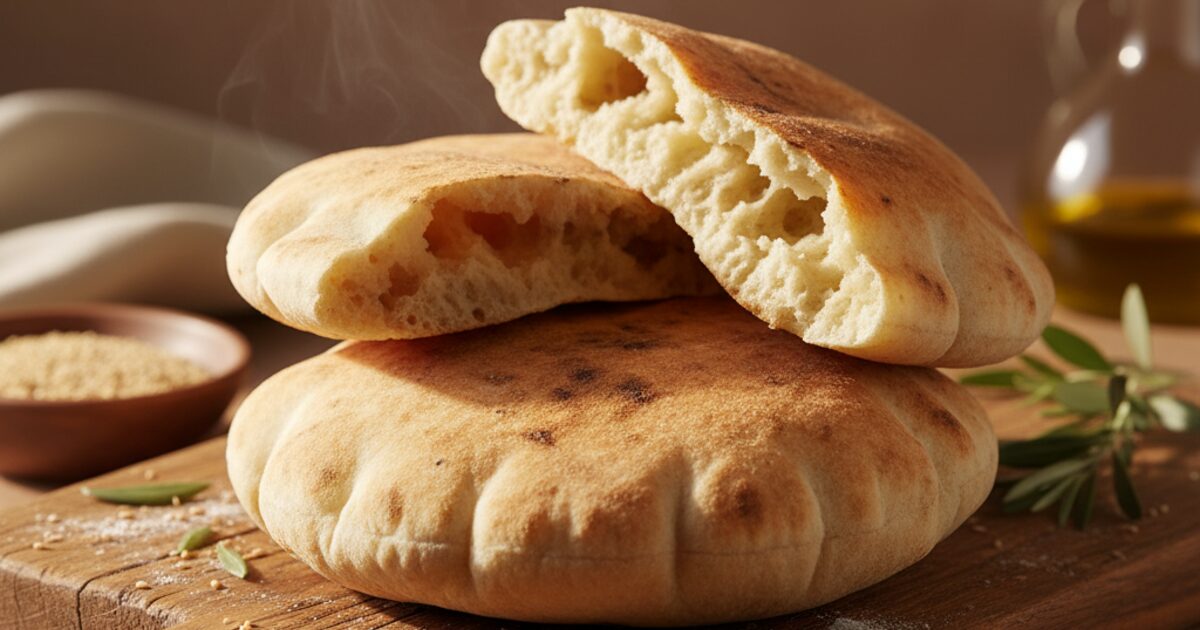 Freshly baked pita breads, one puffed and torn open, stacked on a wooden board