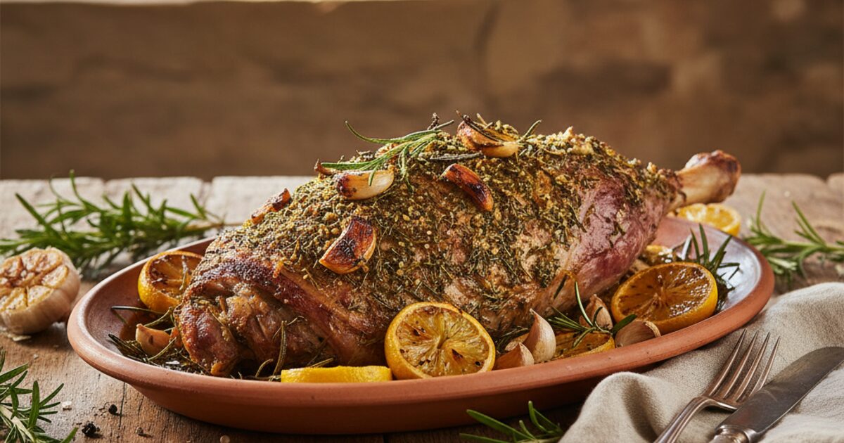 A herb-roasted leg of lamb on a platter with rosemary, garlic and lemon