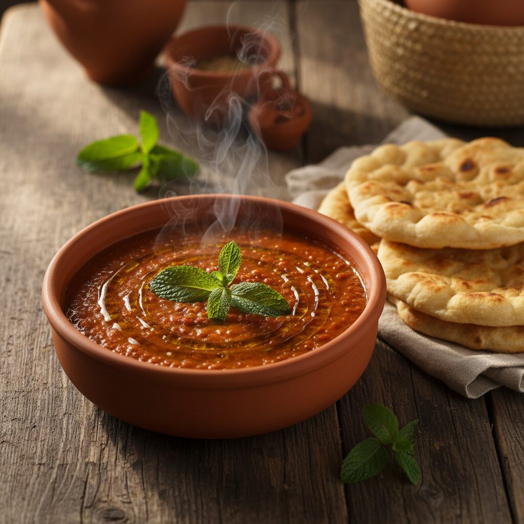 A steaming earthenware bowl of red lentil stew topped with fresh mint