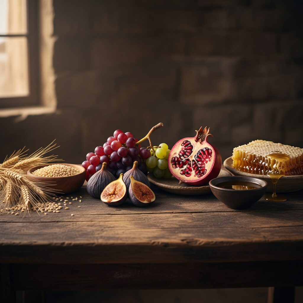 A rustic spread of the seven species of the land of Israel: wheat, barley, grapes, figs, pomegranates, olive oil and dates on a wooden table