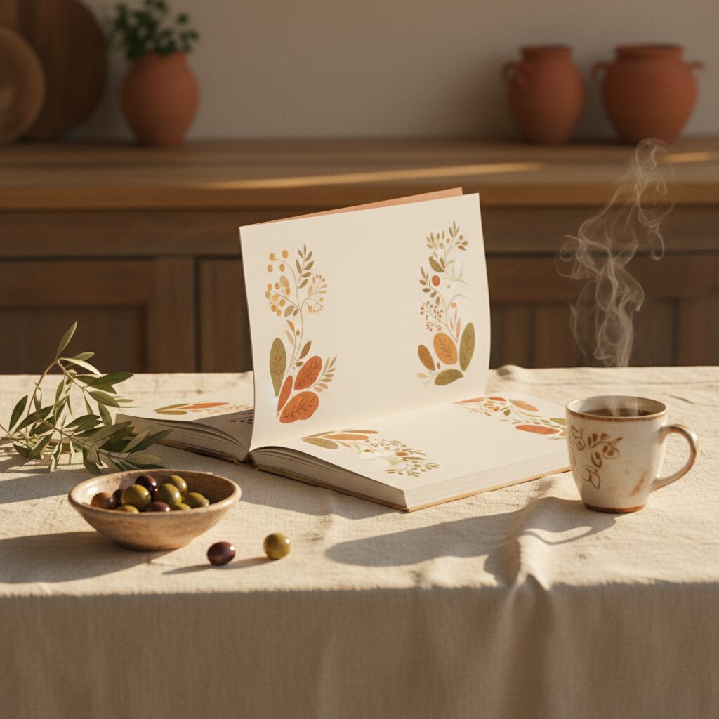 An open biblical cookbook beside a rustic table set with bread, olives, figs, and a clay bowl
